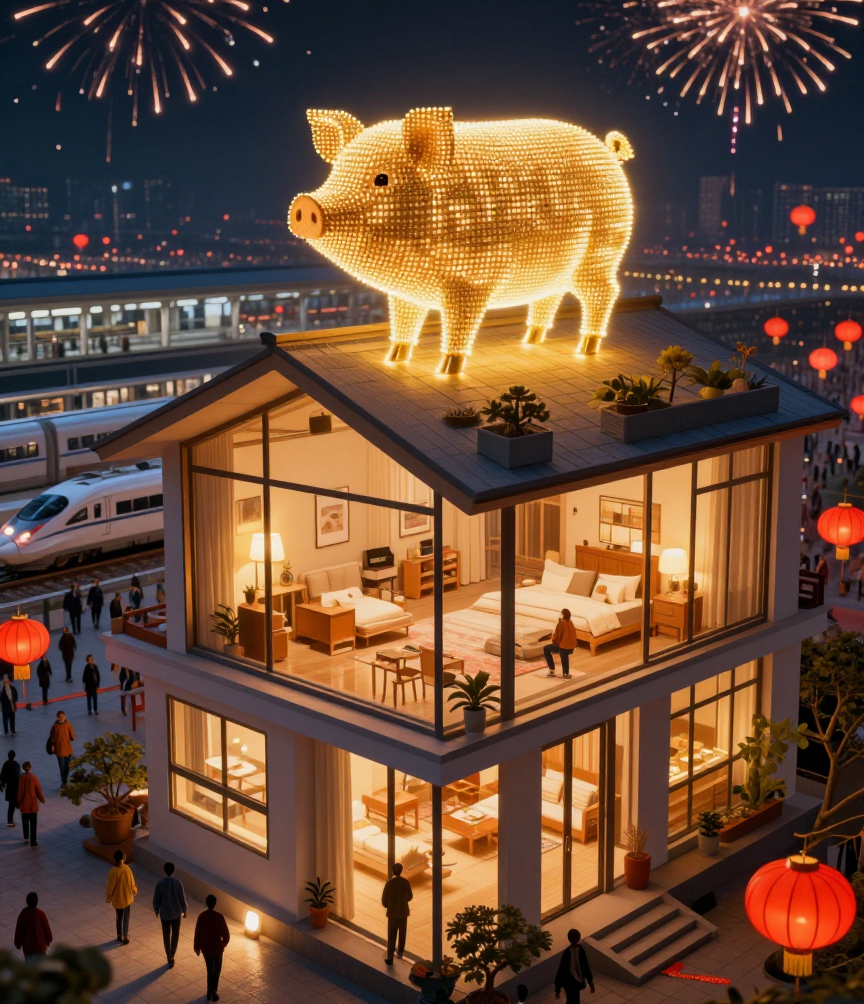 Conceptual art of a modern smart home with a glowing digital pig inside the roof, symbolizing the Chinese concept of 'Jia' (Home) as security and family.
